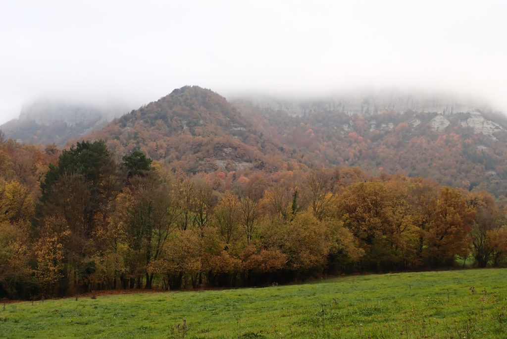 Desde el Camí Ral hacia el Collet de Pallerols, vistas al sur de las nubladas paredes de Pla d'Aiats